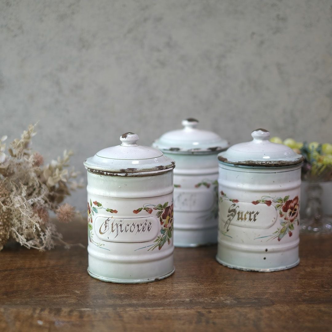 アンティーク フレンチホーローキャニスター JAPY パンジーフランス