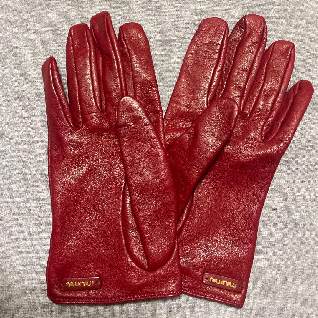 miu miu レザー手袋 レッド 7.5 グローブ　赤　RED 東京ヒマワリ / KURODA(クロダ) 羊革 レディース 手袋 レッド